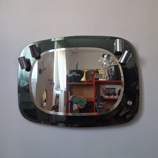 Specchio da parete in vetro fumé con faretti anni '70
