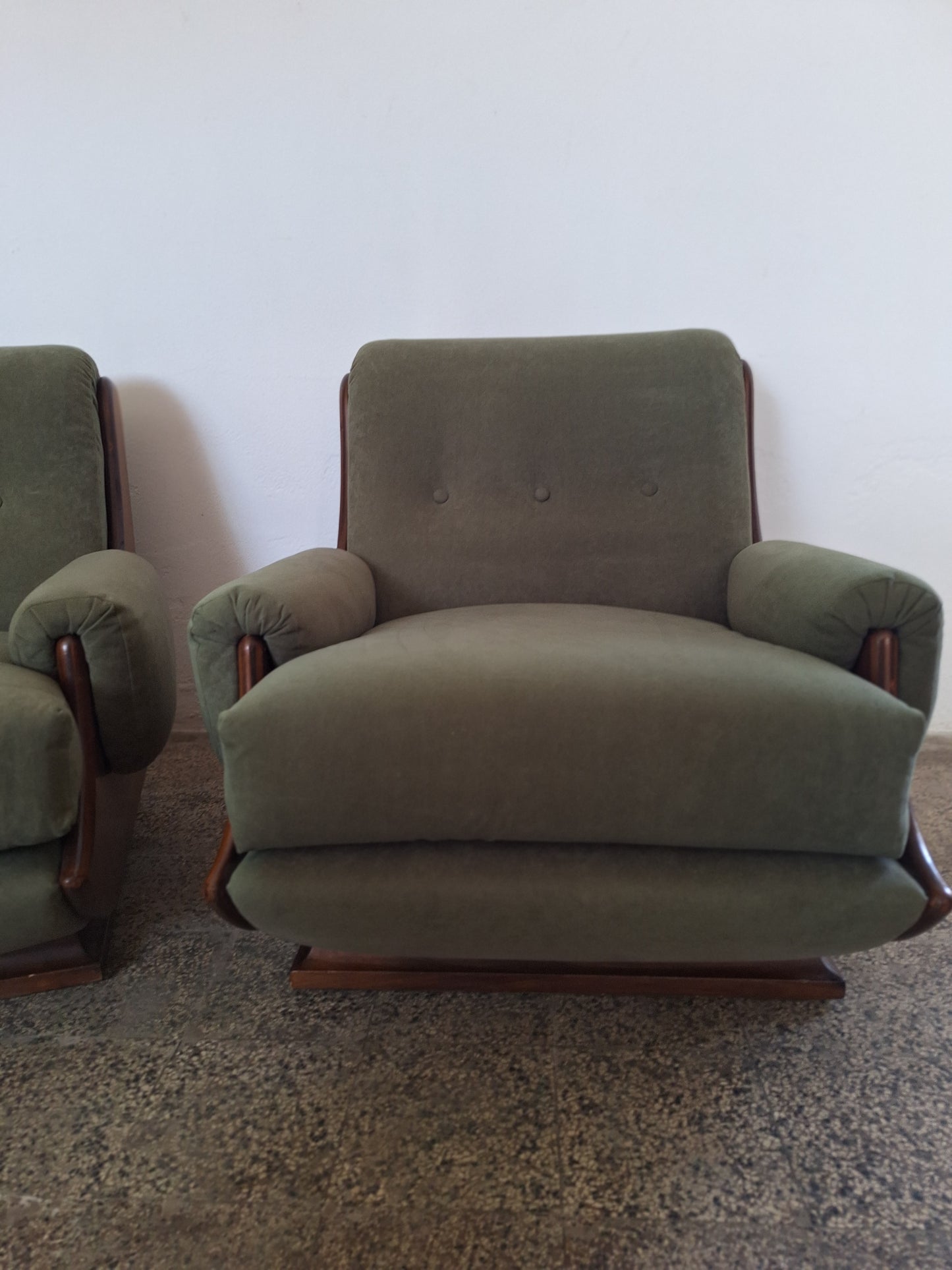 Coppia di poltrone da salotto moderniste in legno scultoreo e velluto verde bosco