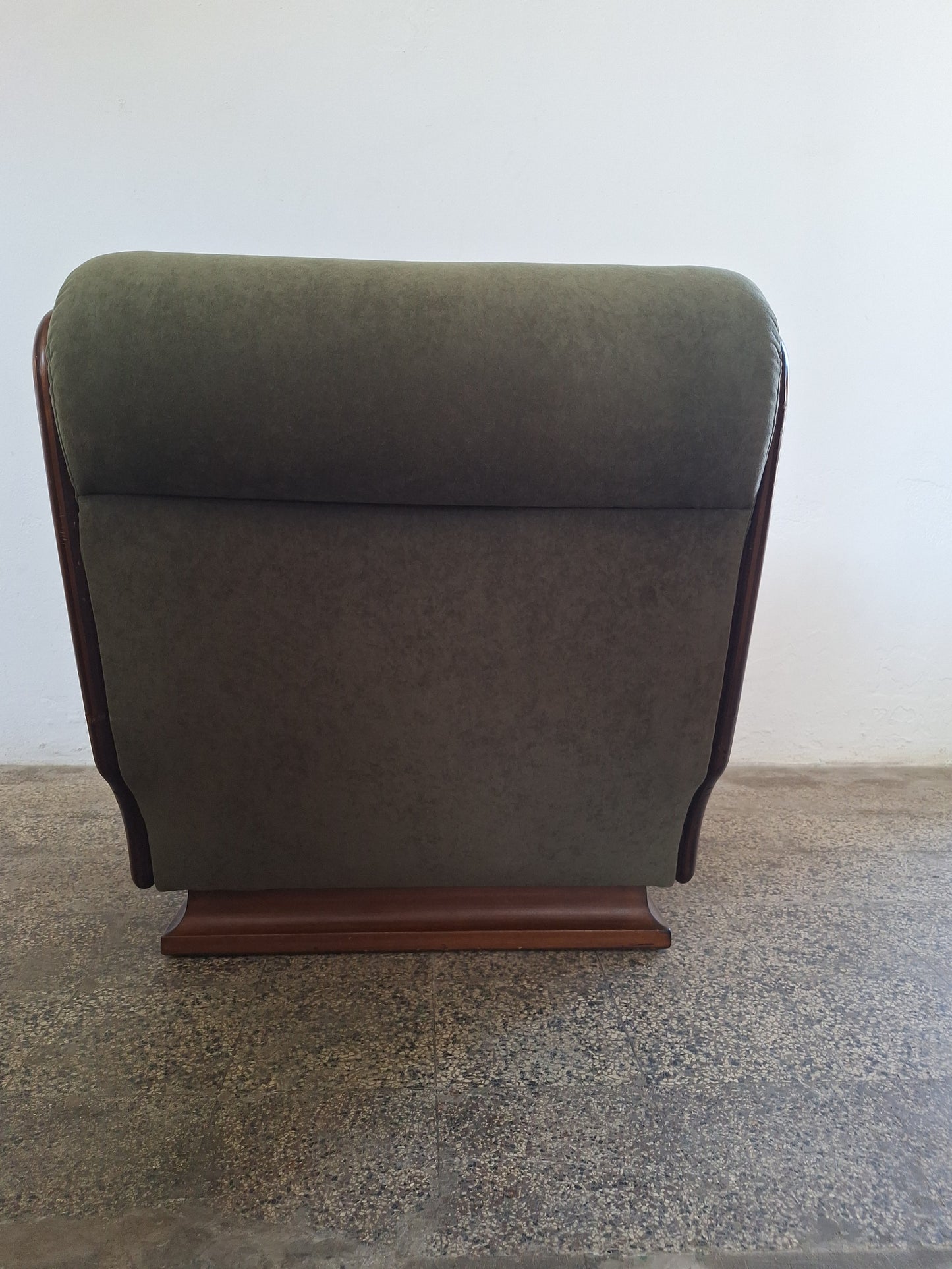 Coppia di poltrone da salotto moderniste in legno scultoreo e velluto verde bosco