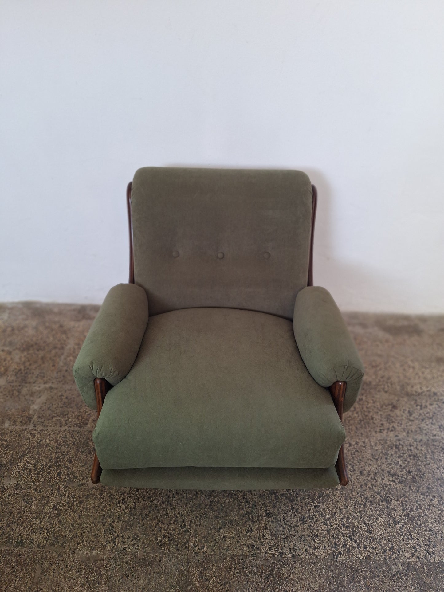 Coppia di poltrone da salotto moderniste in legno scultoreo e velluto verde bosco