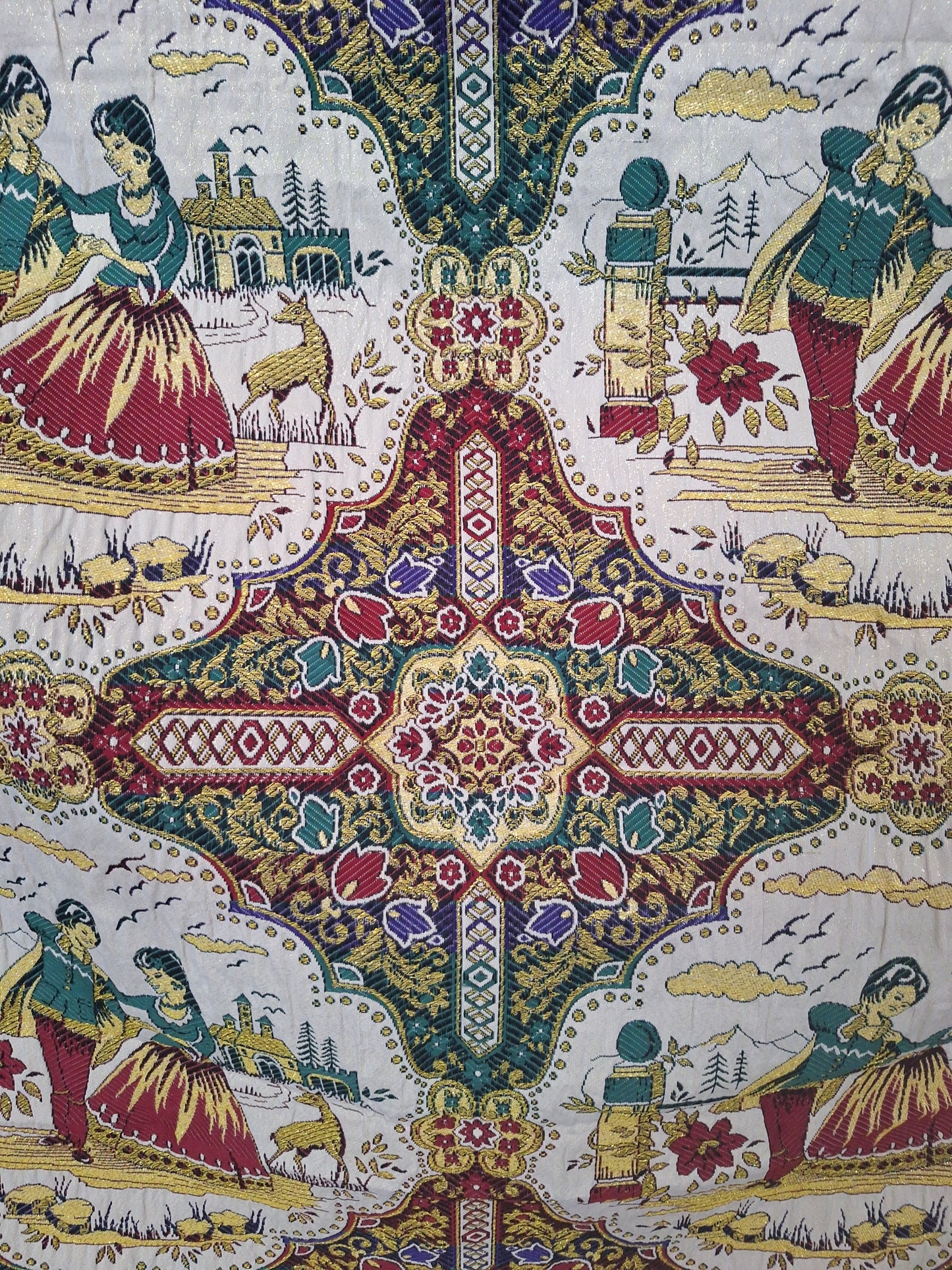 Copriletto matrimoniale in Gobelin/Lurex con motivi orientali anni '60/'70 + 2 copricuscini