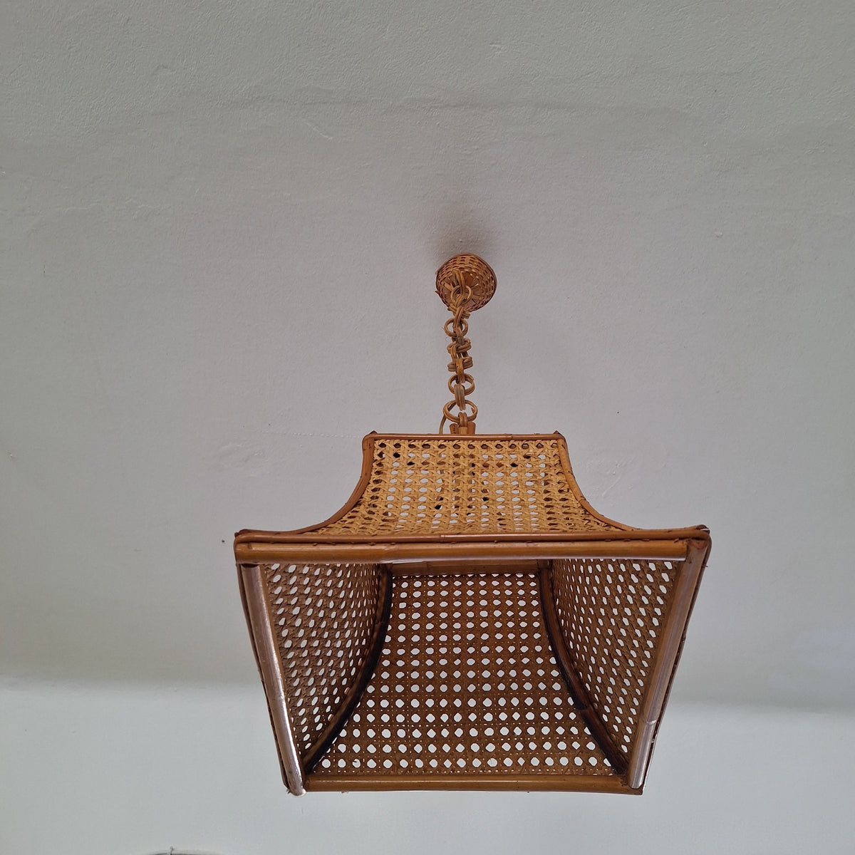 Lampadario a sospensione in bambù e paglia di Vienna anni '70
