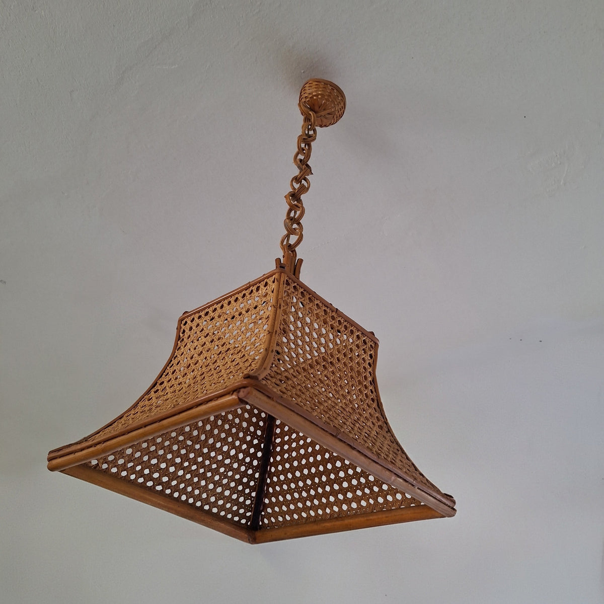 Lampadario a sospensione in bambù e paglia di Vienna anni '70