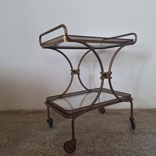 Mobile bar su ruote in ottone dorato attribuito a Maison Baguès, anni '70